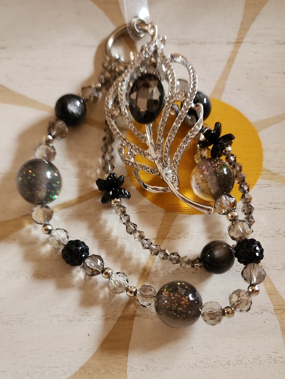 Silver Leaf Crystal and Black Bead Phone Charm - Black